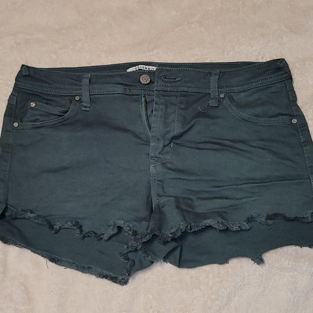 Celebrity Pink Deep olive green distressed shorts